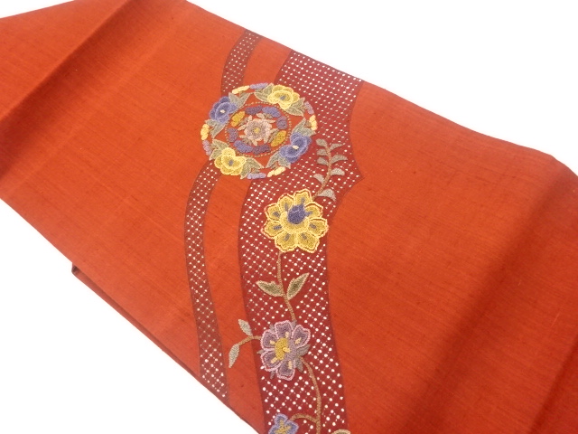 唐草花模様の袋帯 着物 袋帯 夏用 絽 花模様 リーフ 唐草 唐織 着物